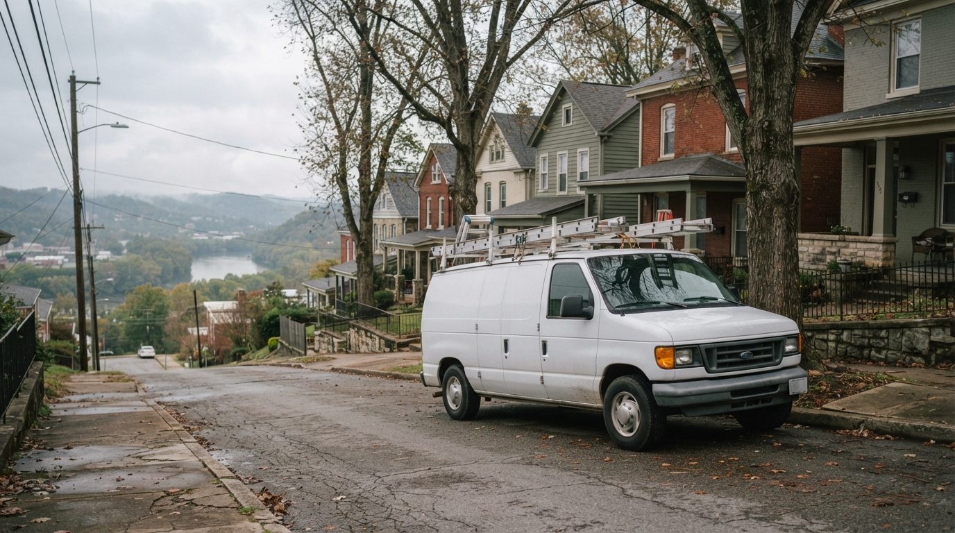 Work van with a ladder rack parked on a tree-lined street of older brick homes above a river valley