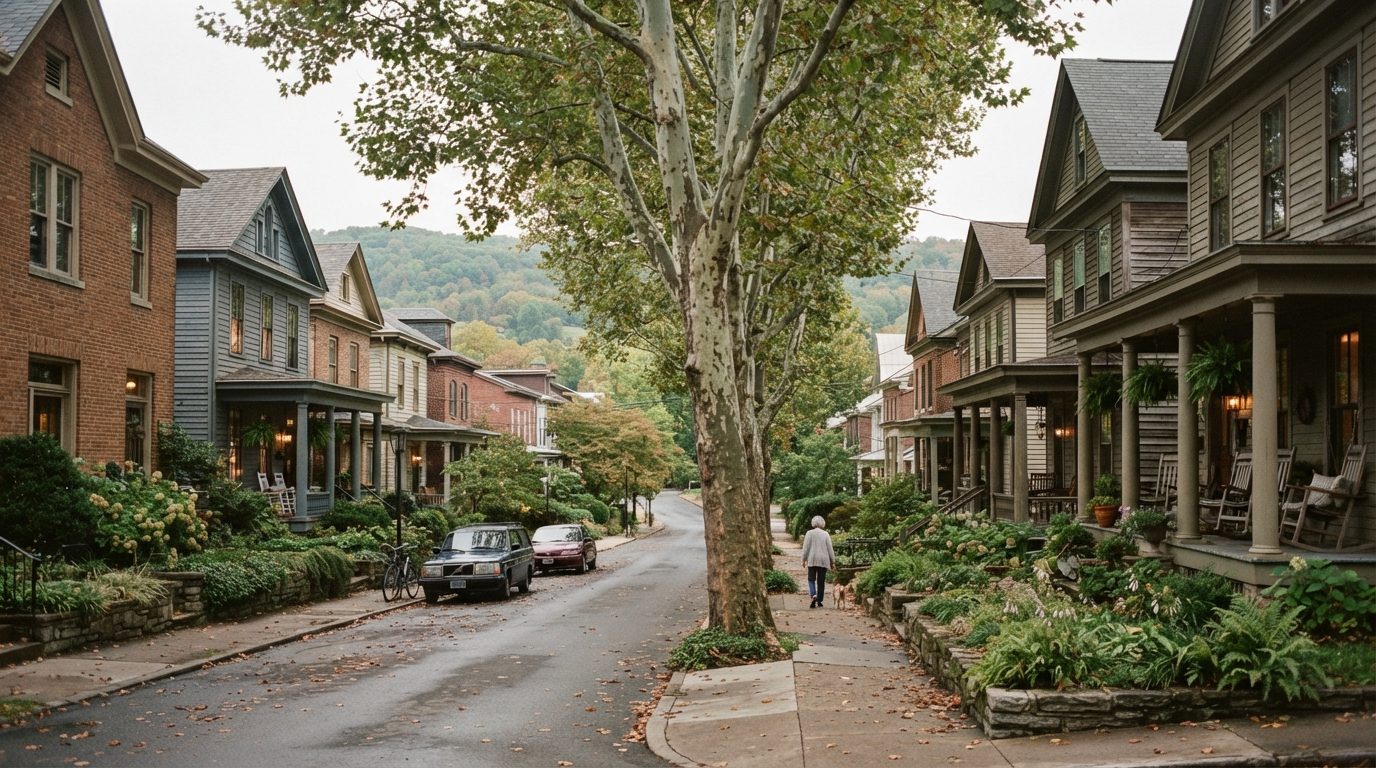 Street of early-1900s brick and frame houses with deep porches in an Ohio River valley city