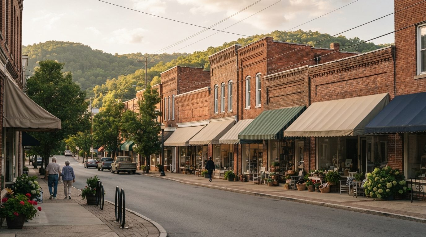 Small-town main street of two-story brick storefronts in an Appalachian river town