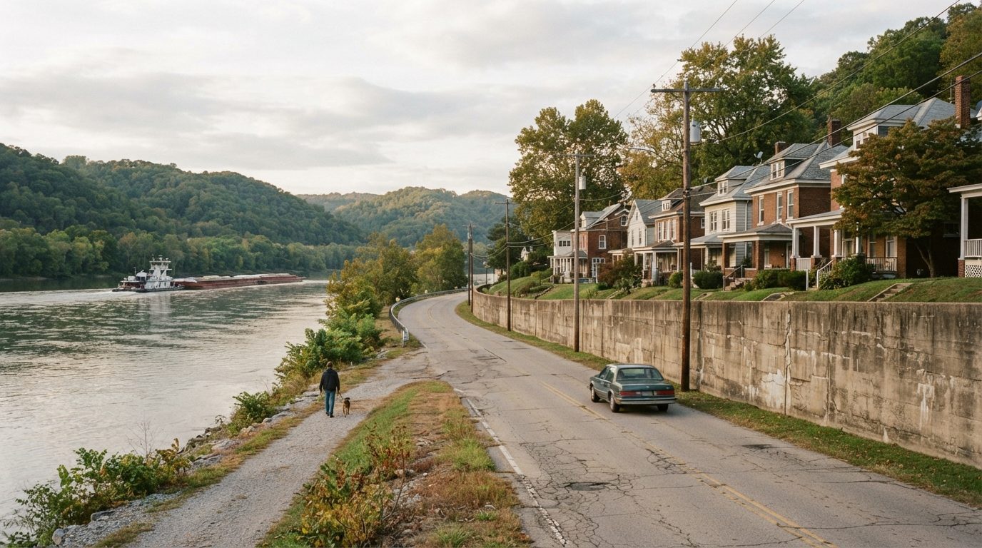 Riverside road with a floodwall and older homes along the Ohio River