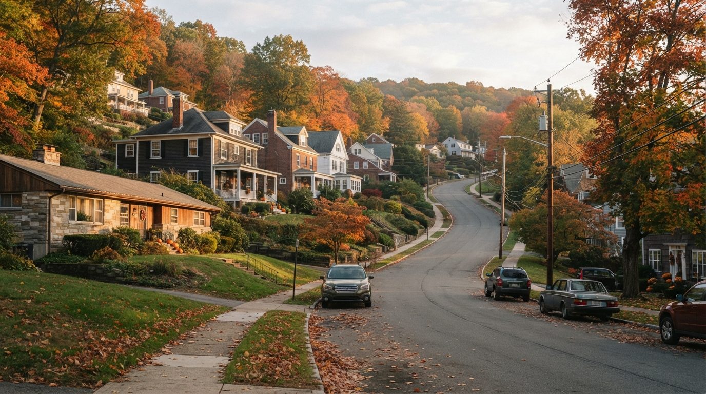 Newer subdivision homes on a hillside road in Putnam County, West Virginia