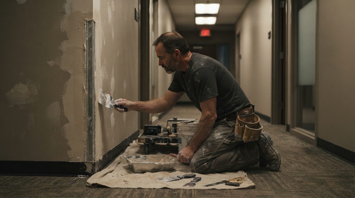 Drywall contractor repairing a damaged corridor wall in a small office building at night