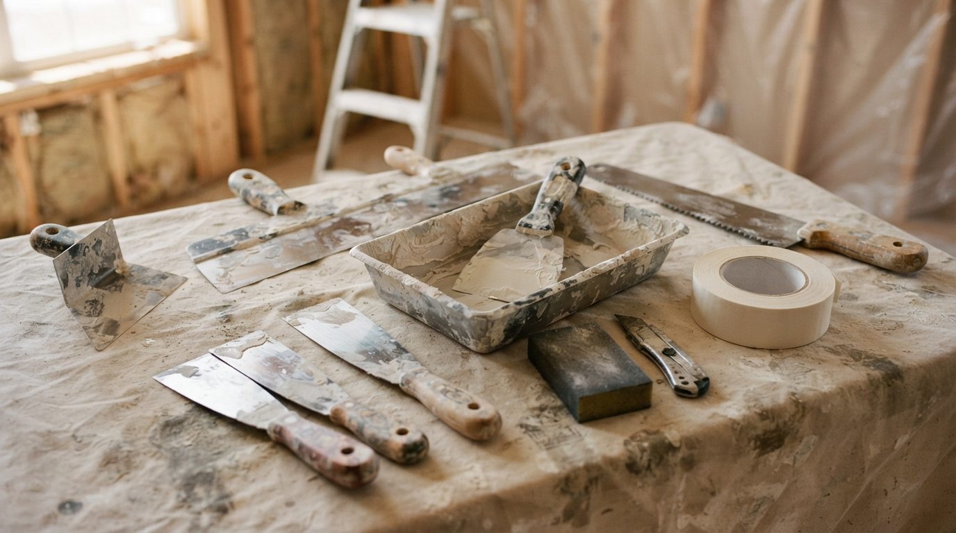 Drywall repair tools laid out on a drop cloth: taping knives, mud pan, corner tool, sanding sponge