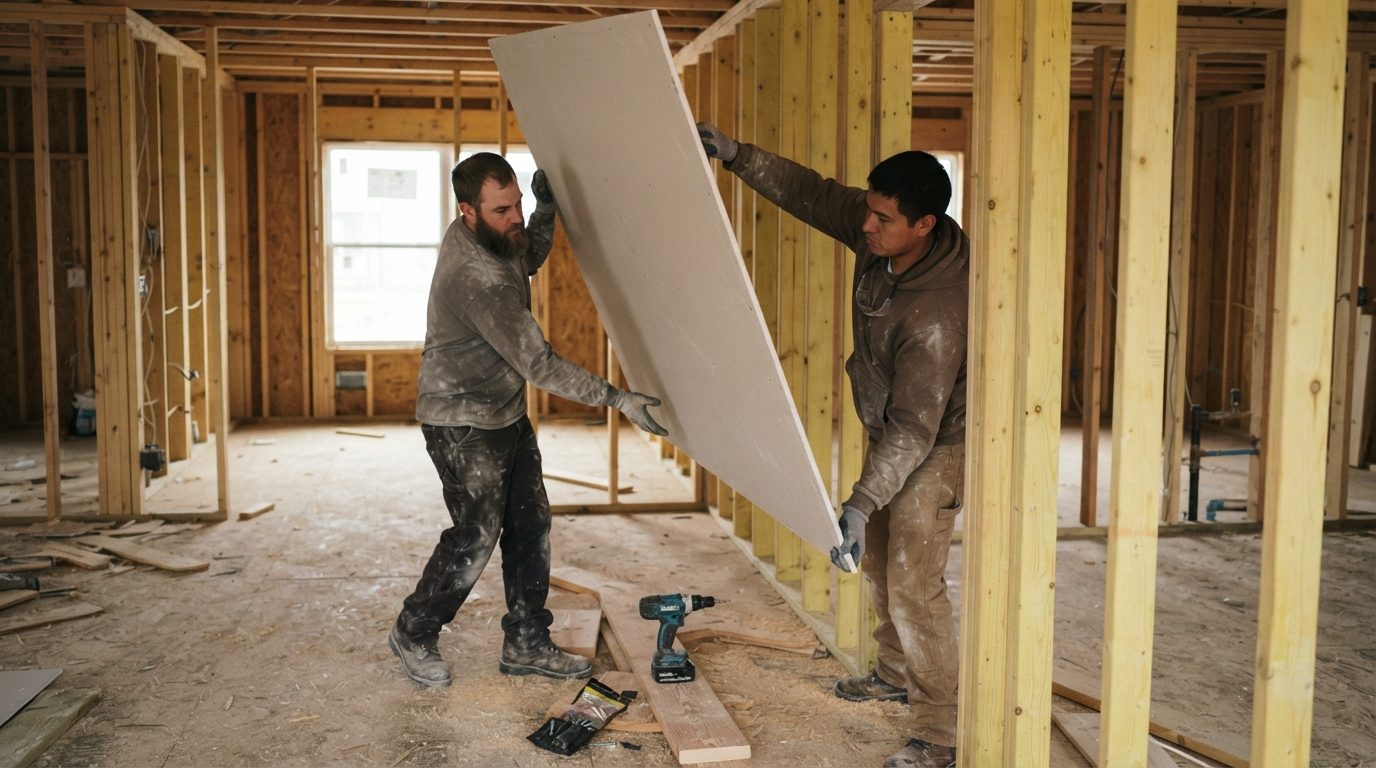 Two drywall hangers lifting a full sheet onto a freshly framed interior wall