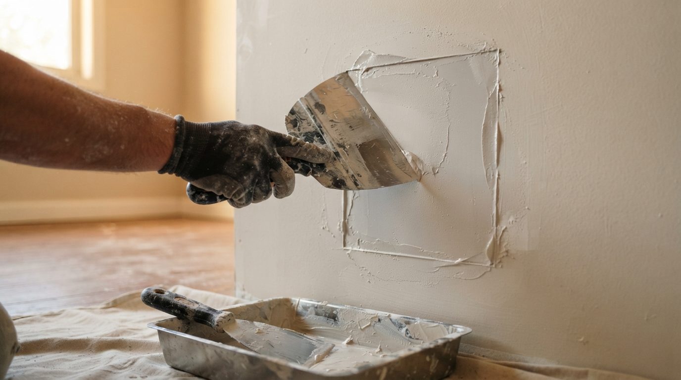 Taping knife smoothing joint compound over a square drywall patch on an interior wall