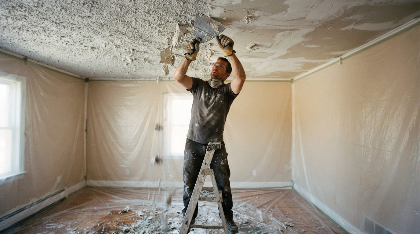 Worker on a stepladder scraping a wet popcorn ceiling with plastic sheeting on the walls