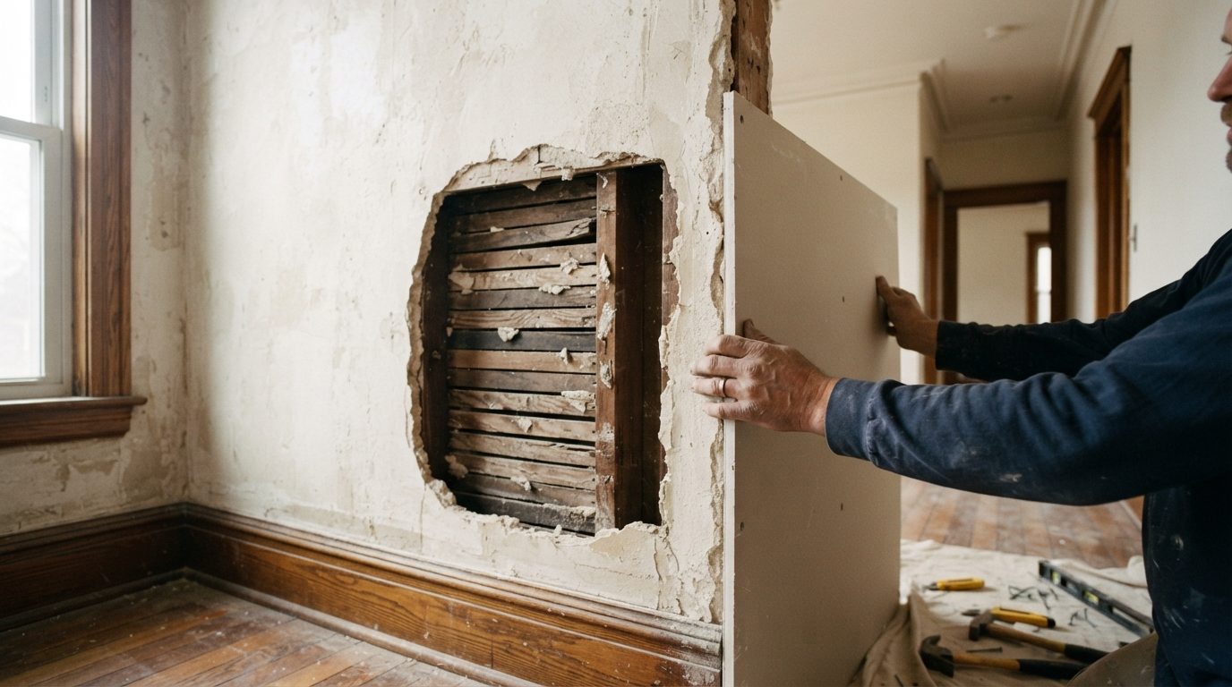 Old plaster and wood lath wall in a century home with a section removed and new drywall being fitted flush